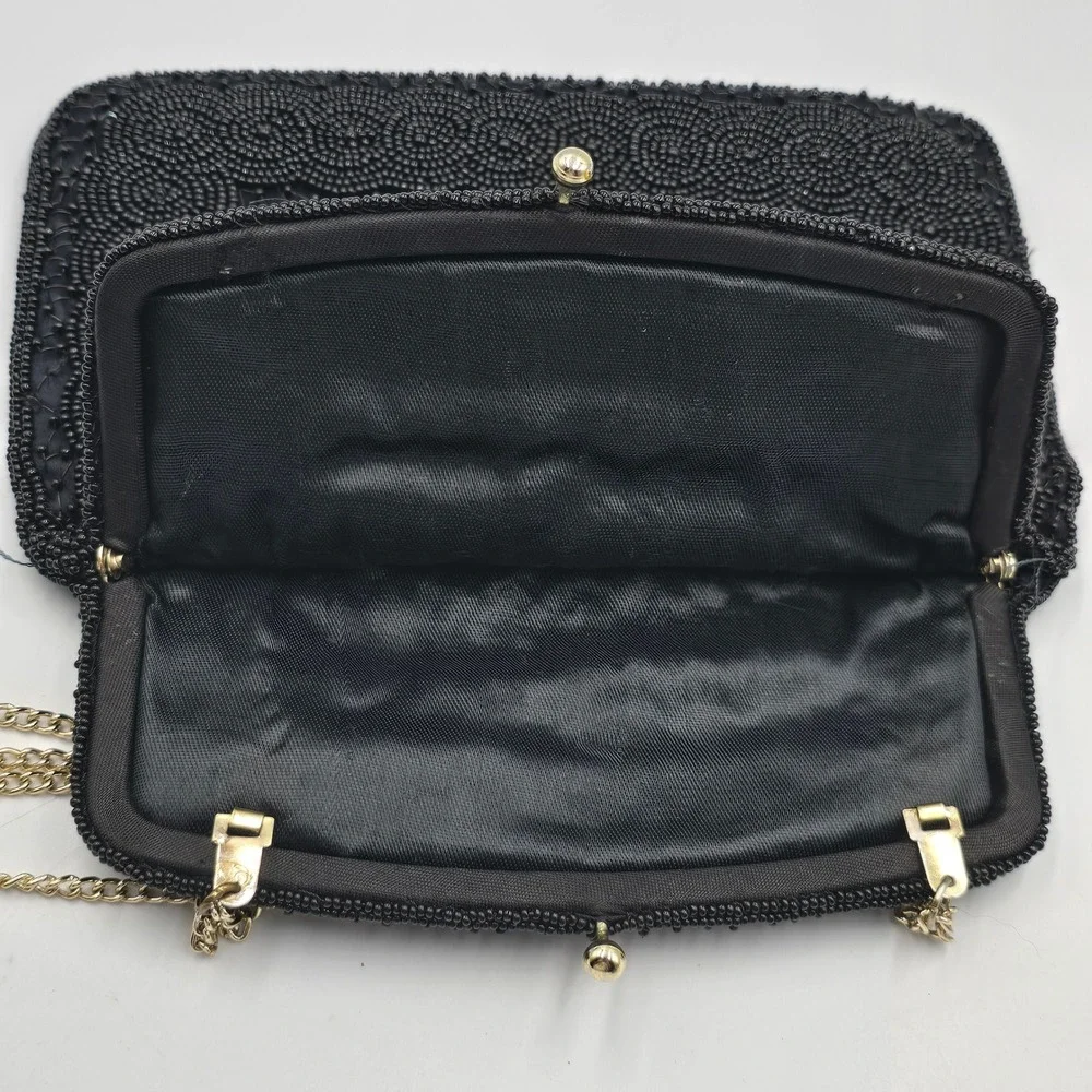 Vintage Black Beaded Evening Bag Clutch Gold Chain Kiss Lock Made in Korea